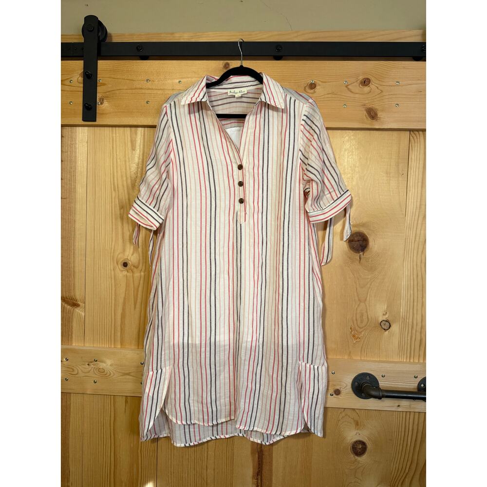 Indigo Rose Sun Dress Striped Tie Sleeve Pink Button Down Collared Womens L
